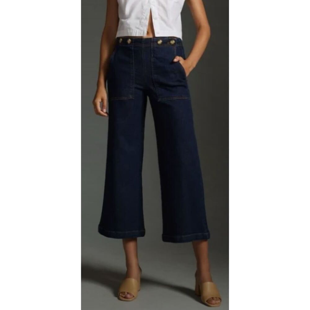 The Kit Cropped High-Rise Wide-Leg Utility Trousers by Pilcro dark Wash Size 31 - Picture 4 of 11
